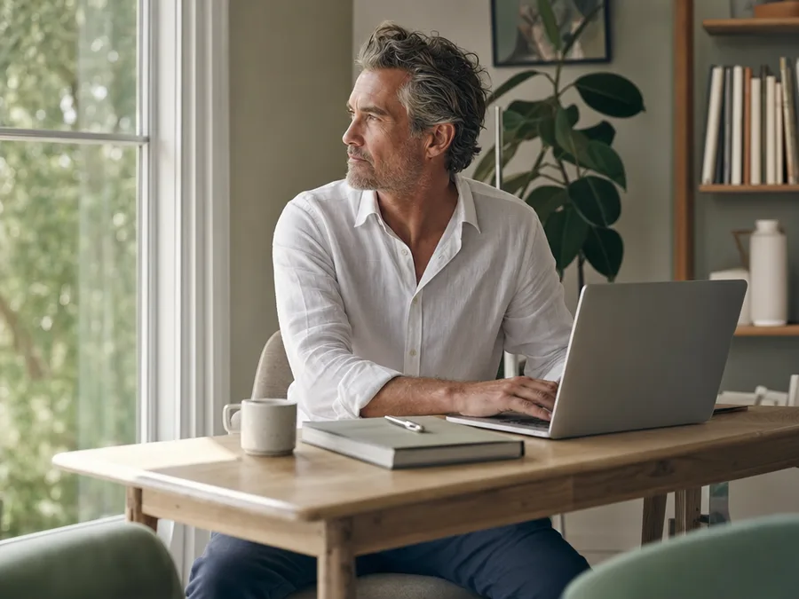 A man in his fifties pausing at his laptop, looking out the window of his home office